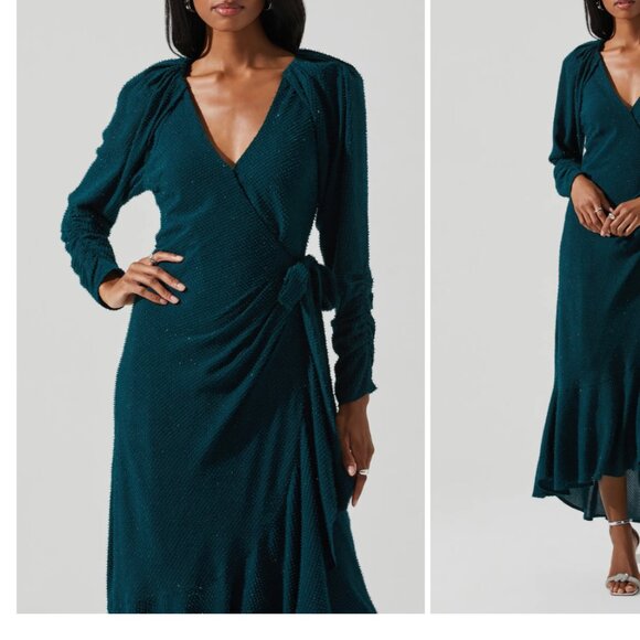 *NEW* ASTR The Label "Zenaida" Forest Green Long-Sleeve Wrap Dress, XS - Picture 6 of 7